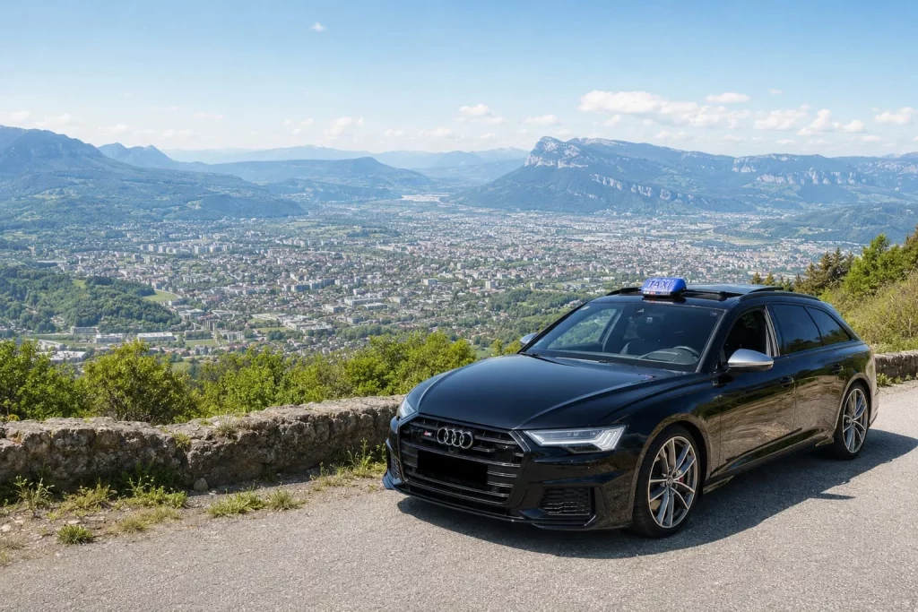 Break Audi noir stationné sur une hauteur, devant un panorama de ville et de montagnes.